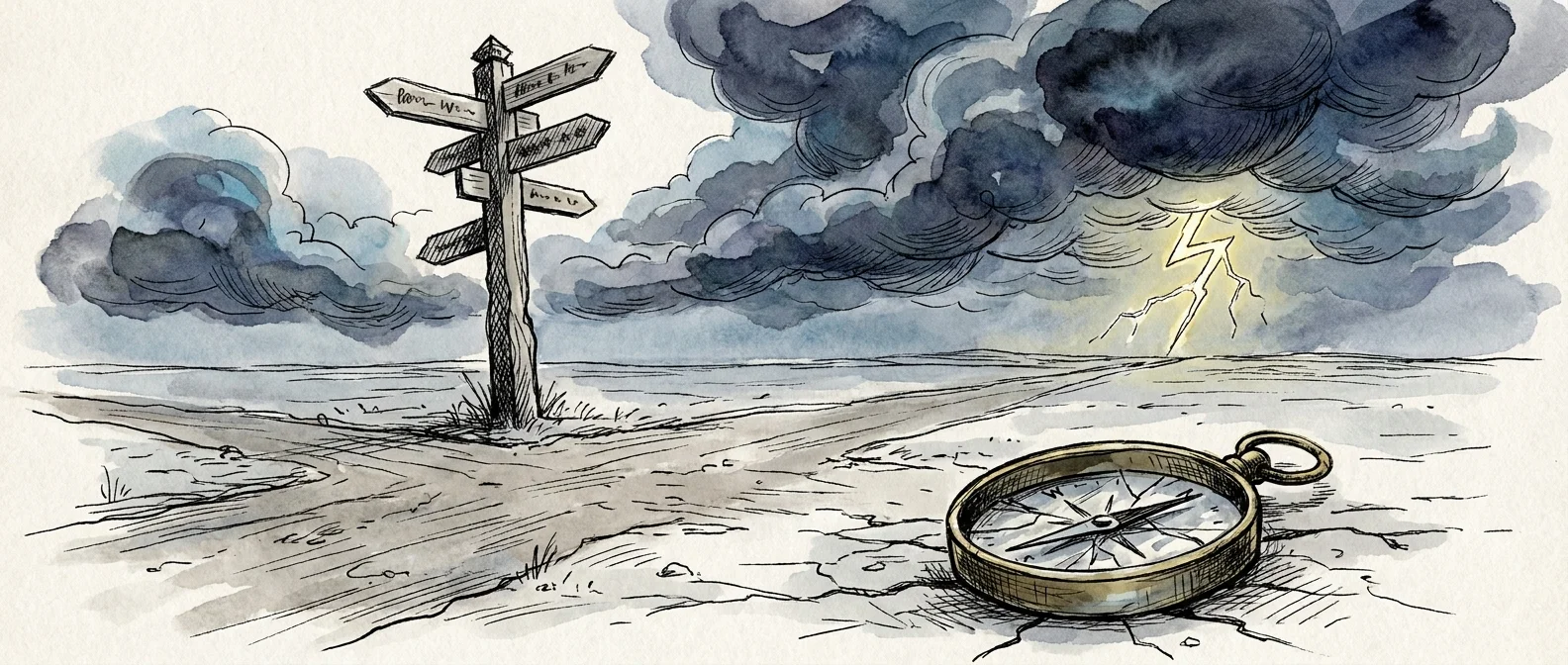 An ink and watercolor illustration of a broken compass and a signpost under a stormy sky.
