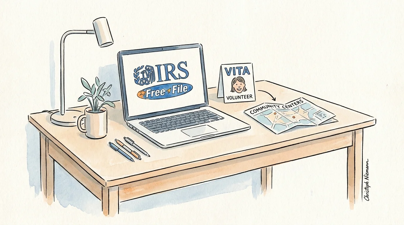 An ink and watercolor illustration of a clean desk with a laptop showing tax filing tools and a VITA volunteer locator sign.