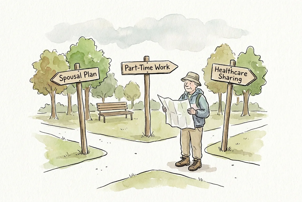 An ink and watercolor illustration of a retiree at a crossroads with signs pointing to different health insurance alternatives.
