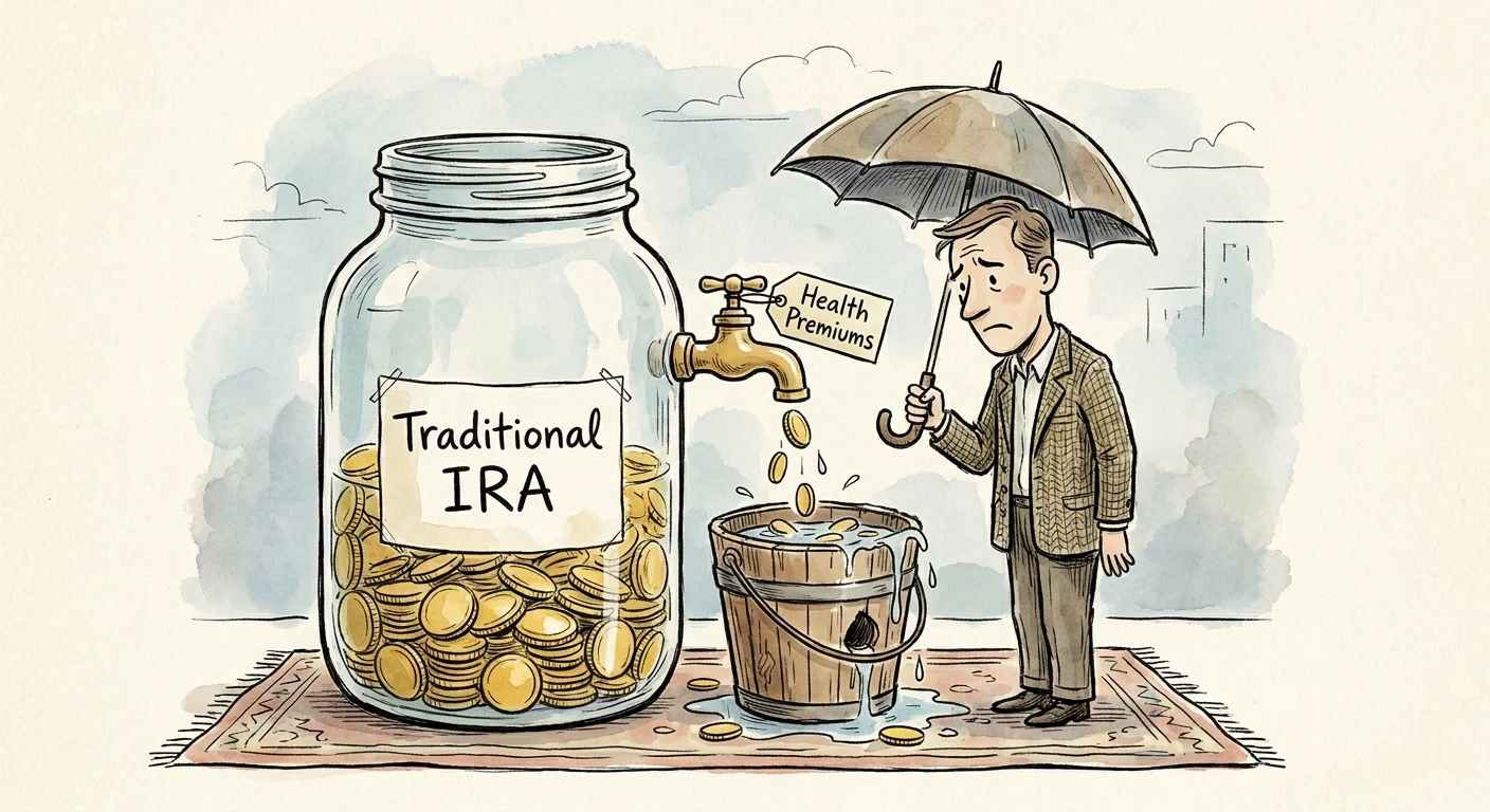 An ink and watercolor illustration of an IRA jar being drained by a faucet to pay for health insurance premiums.