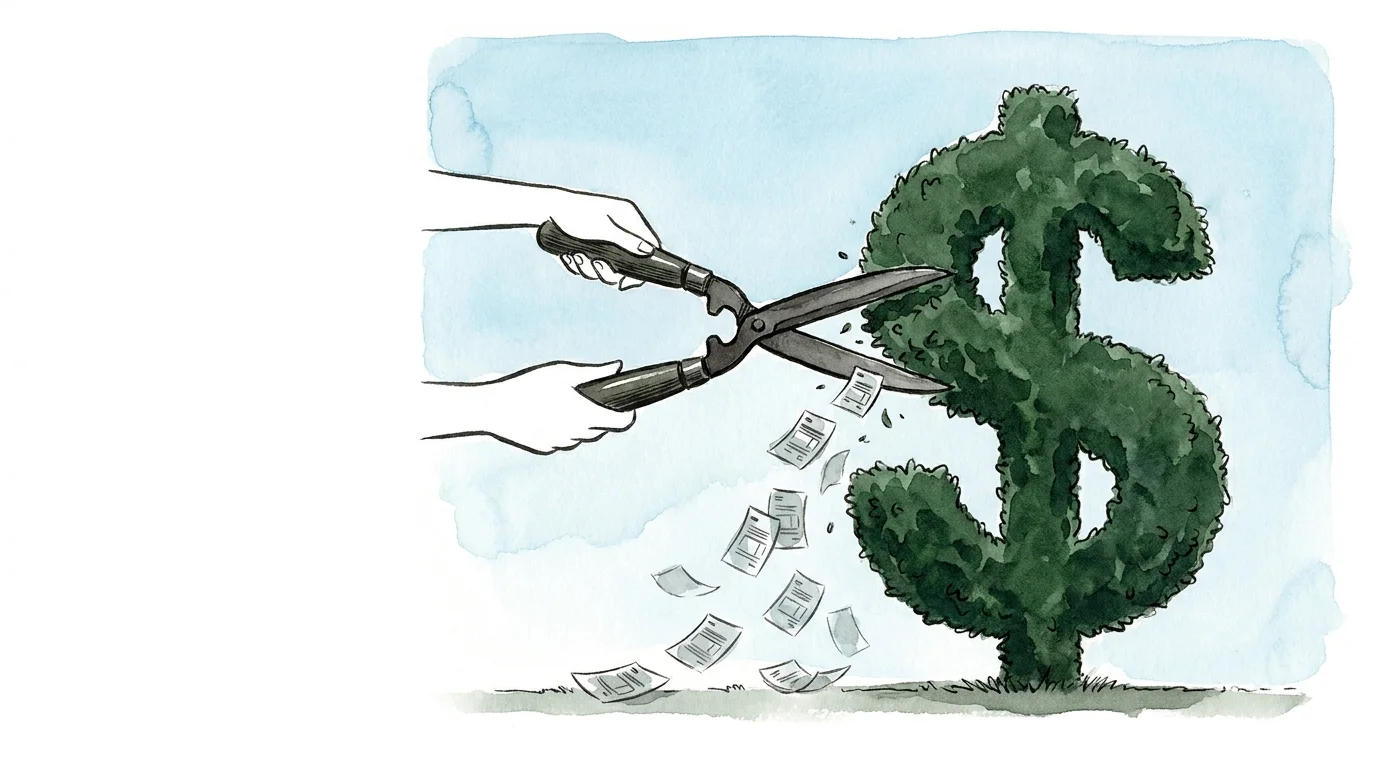 An ink and watercolor illustration of garden shears trimming a hedge shaped like a dollar sign, symbolizing tax optimization.
