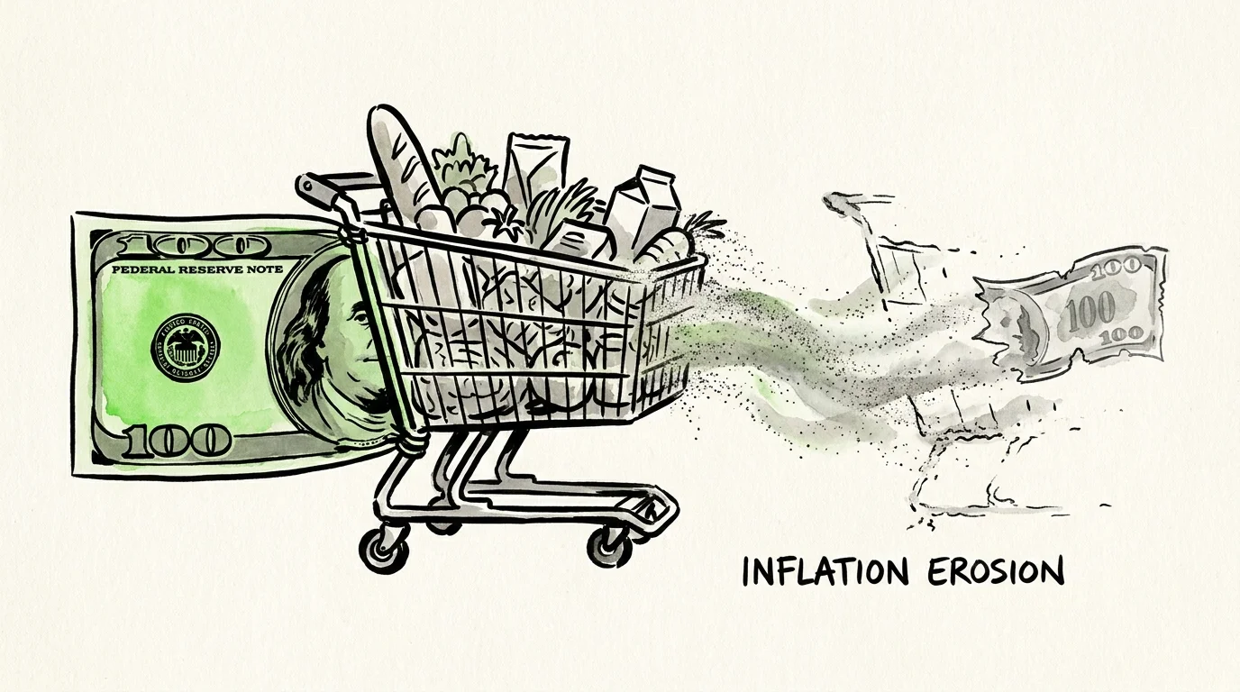 An ink illustration of a shopping cart dissolving into sand, symbolizing the erosion of purchasing power over time.