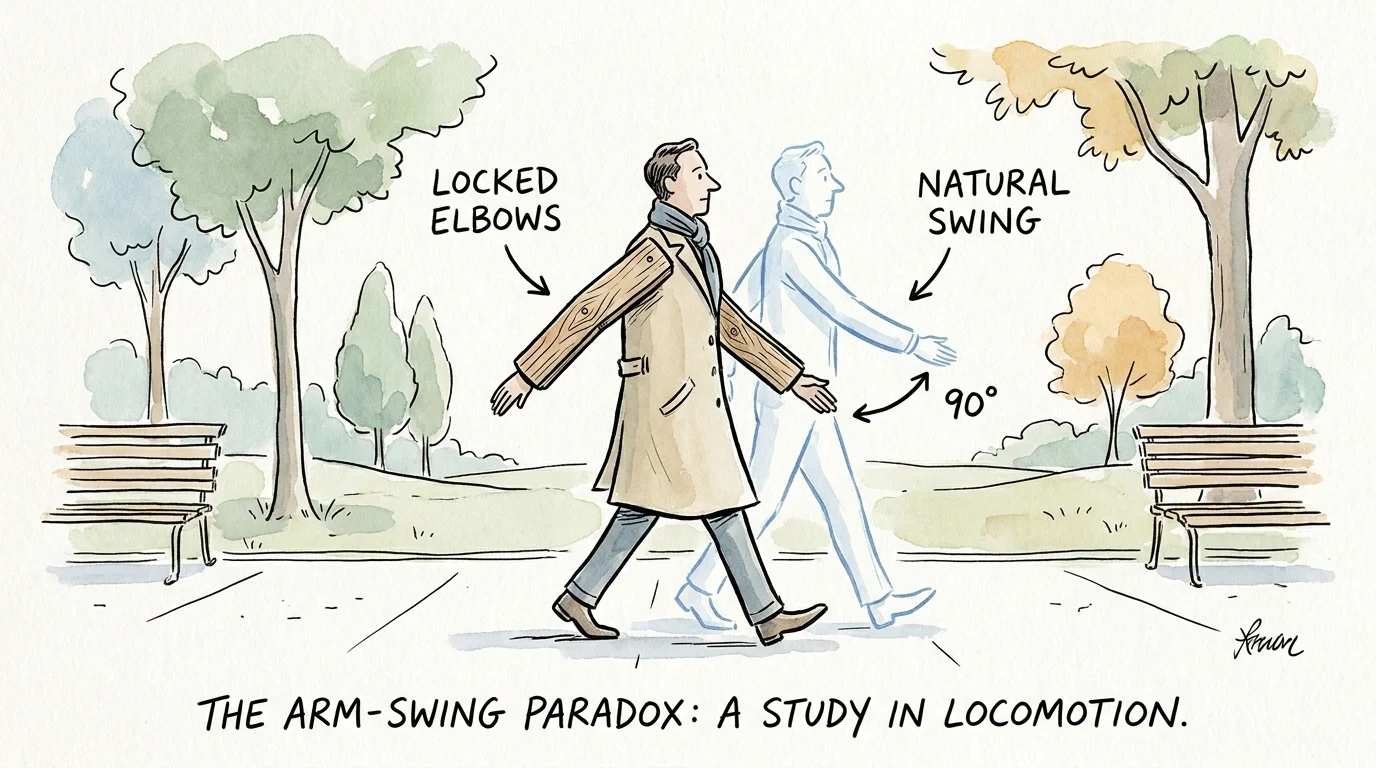 An ink illustration showing the difference between stiff, board-like arms and a natural, fluid walking swing.