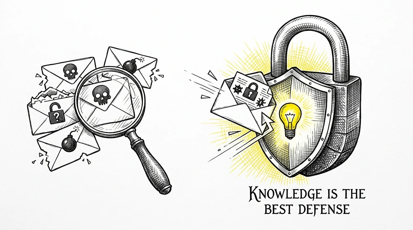An ink sketch illustration of a shield and padlock protecting against suspicious digital mail.