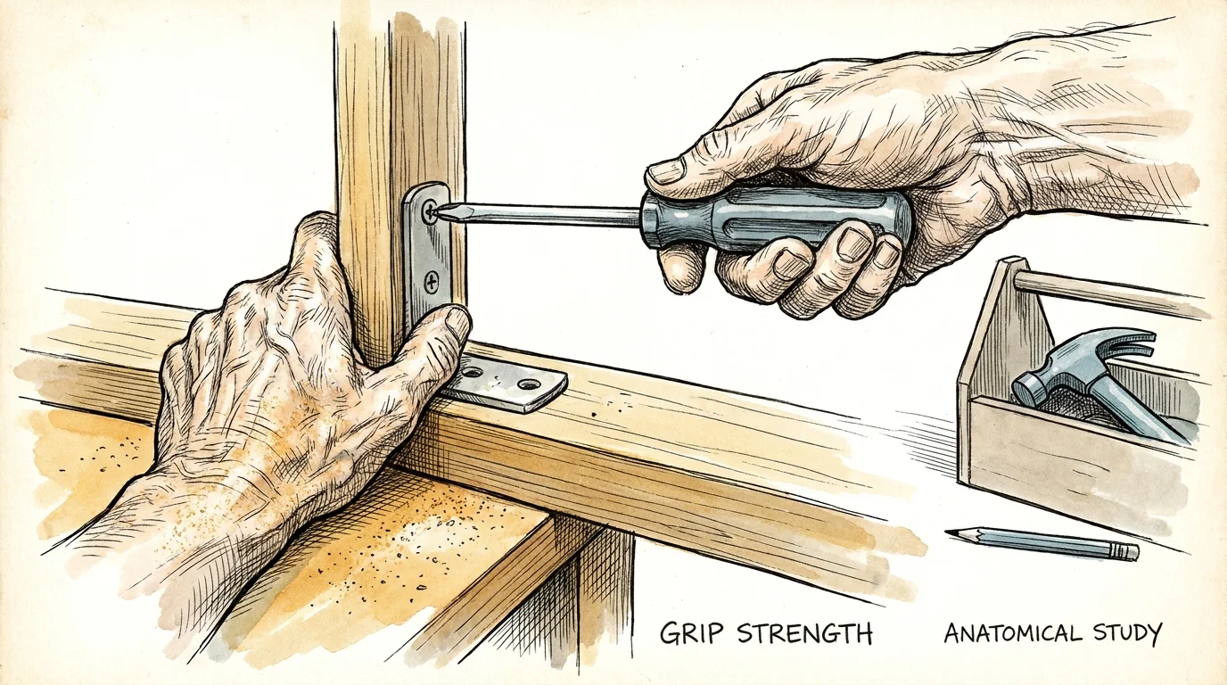 An ink sketch showing a close-up of hands using a screwdriver to fix a wooden bracket.
