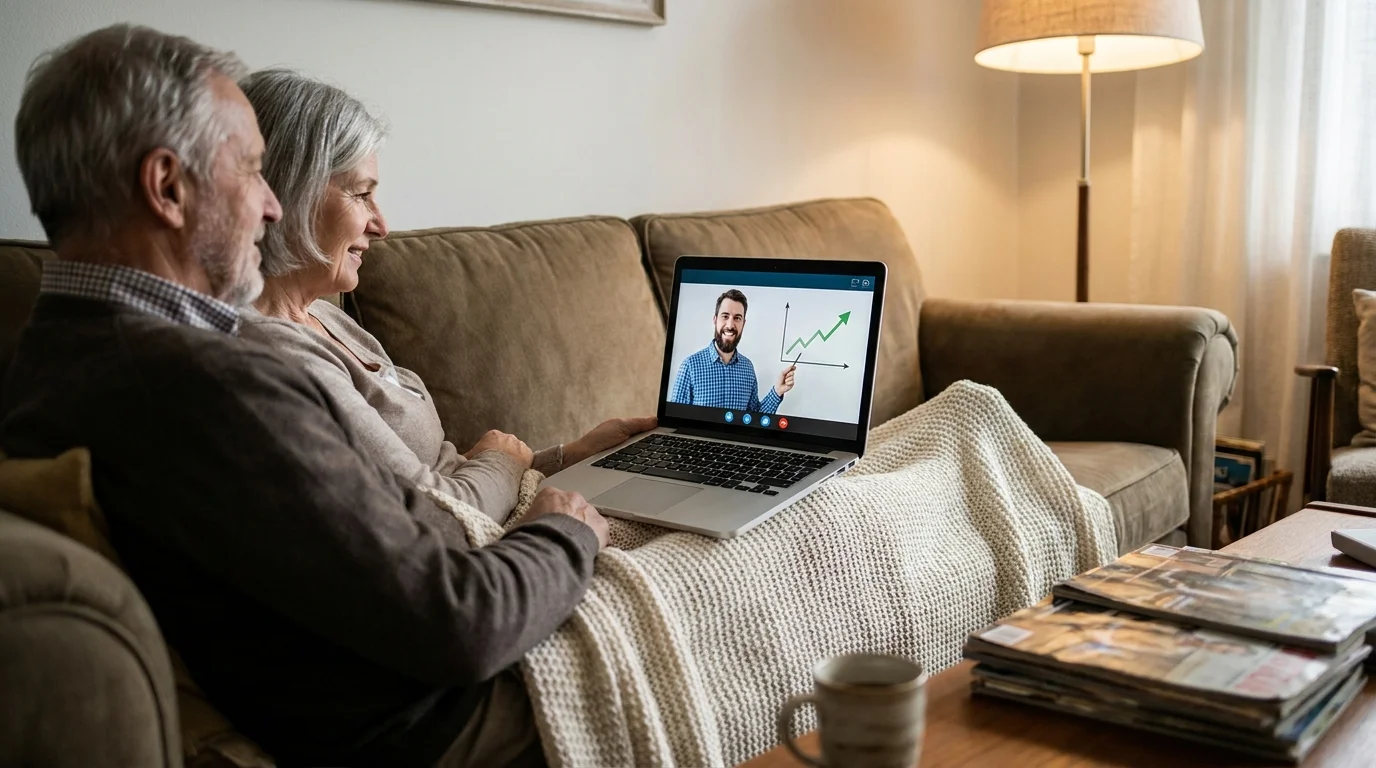 An older couple in their living room having a video consultation with a financial expert on their laptop.