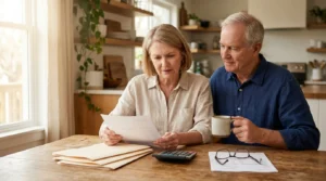 An older couple sitting at their kitchen table in morning light, reviewing financial documents together with focus and calm.
