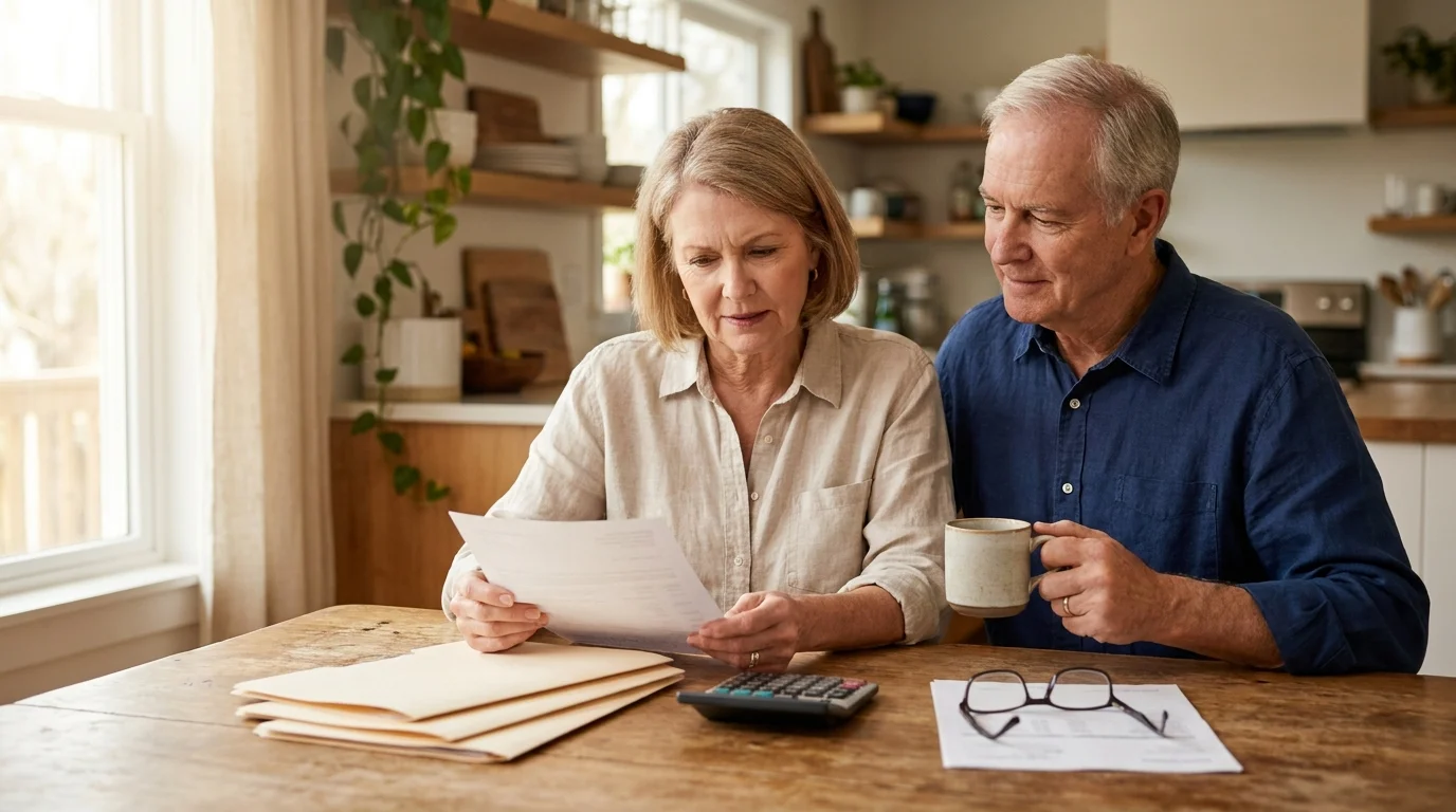 An older couple sitting at their kitchen table in morning light, reviewing financial documents together with focus and calm.