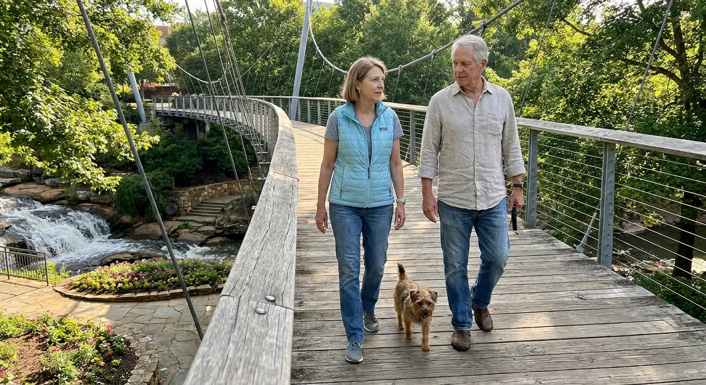 An older couple walks their dog across the iconic Liberty Bridge at Falls Park in downtown Greenville, South Carolina.