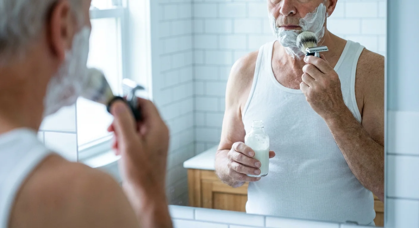 An older man in a bathroom mirror holding a razor and a bottle of shaving cream.