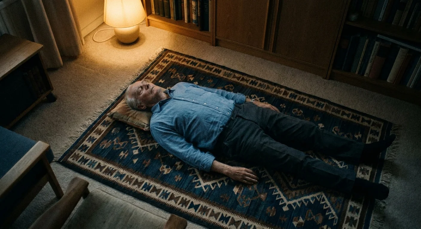 An older man lying flat on a rug in a state of deep relaxation during Corpse Pose.