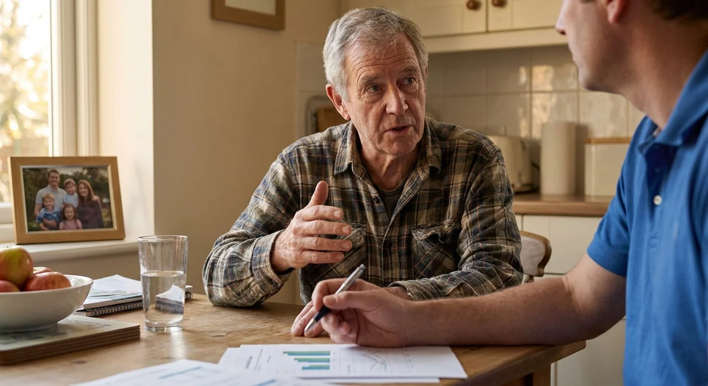 An older man sitting at his kitchen table, engaged in a serious conversation with a professional advisor.