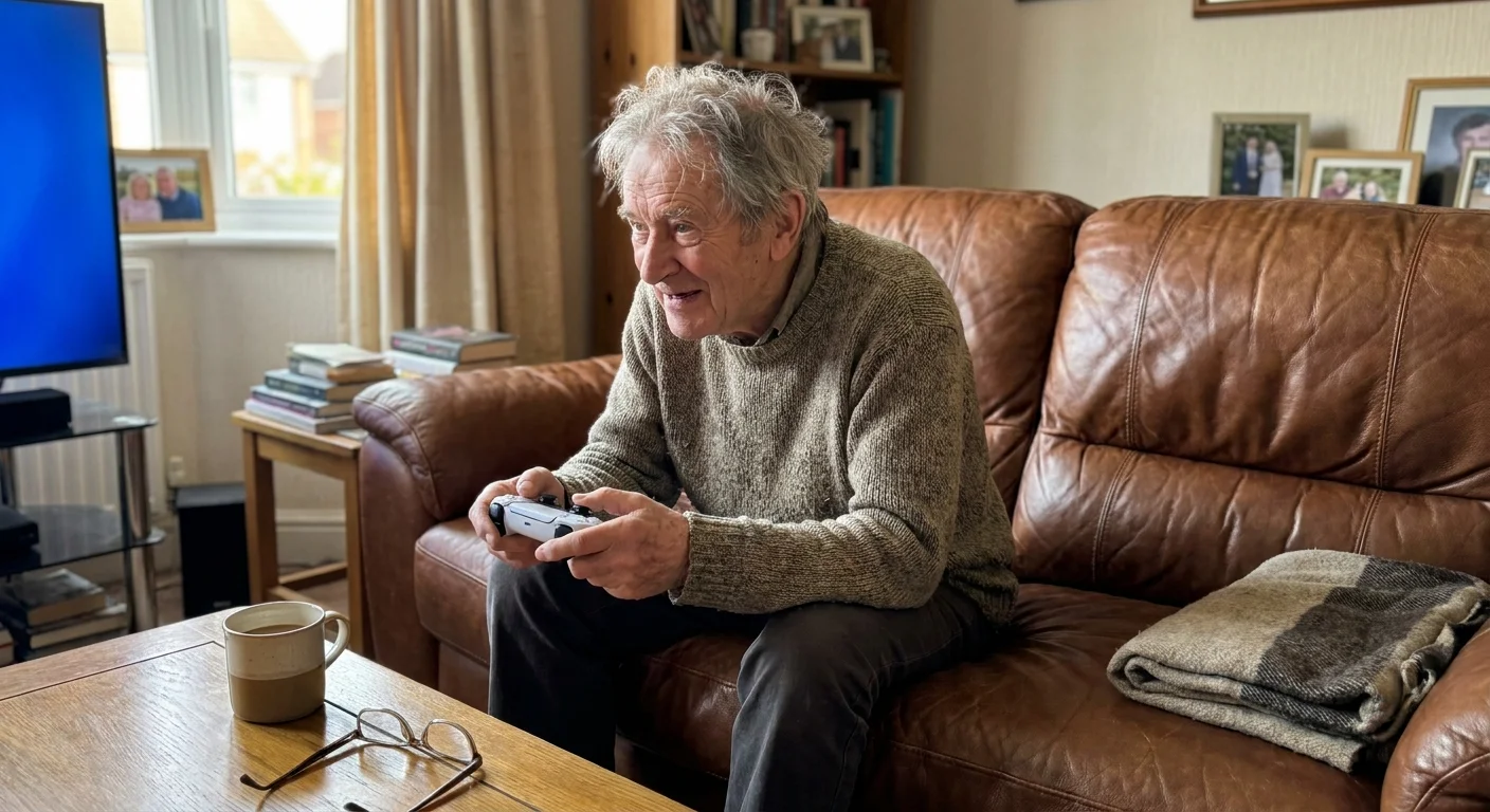 An older man sitting on his living room sofa, focused on playing a video game with a controller.