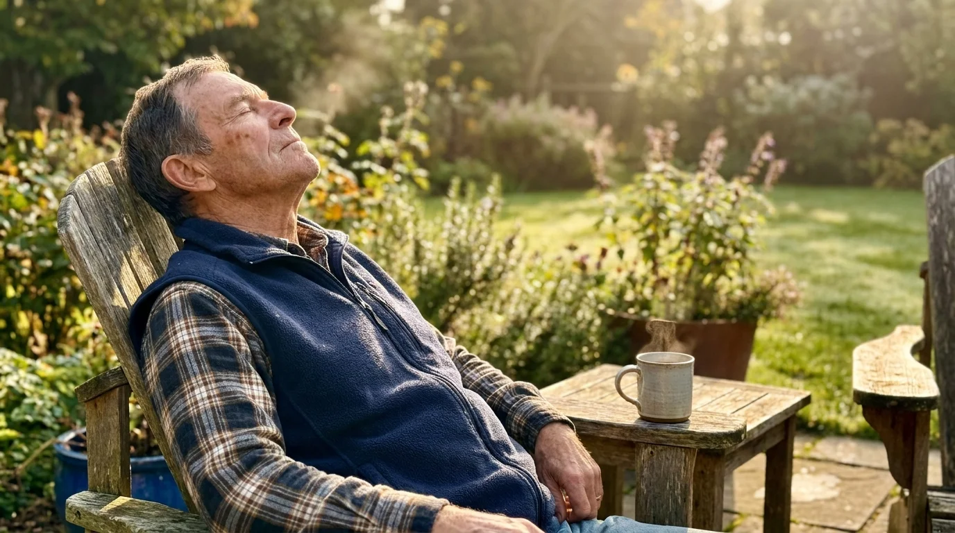 An older man sitting outdoors in his backyard, eyes closed, soaking in the early morning sunlight.