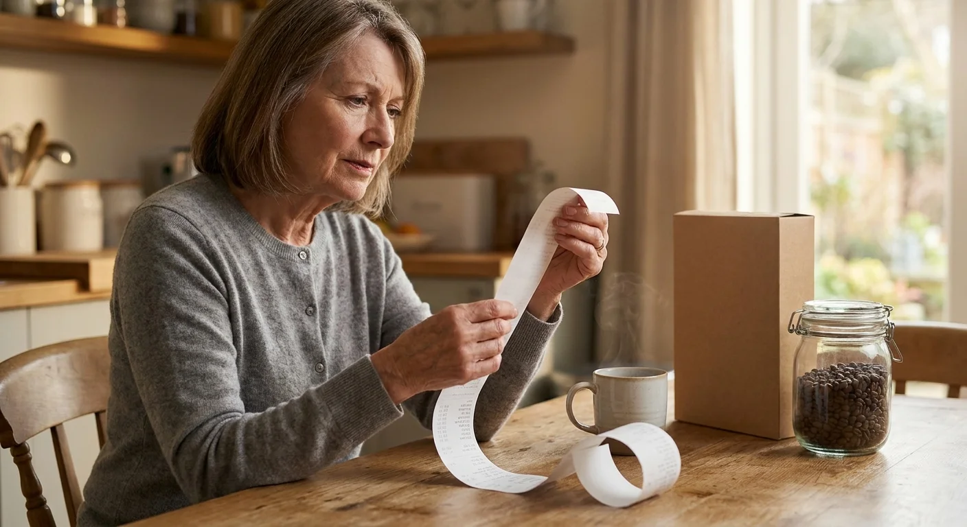 An older woman at her kitchen table looking at a long grocery receipt with a thoughtful expression, surrounded by a few grocery items.