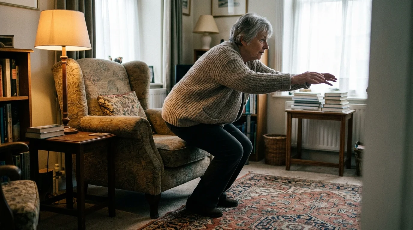 An older woman rising from an armchair in her living room, practicing sit-to-stand movements.
