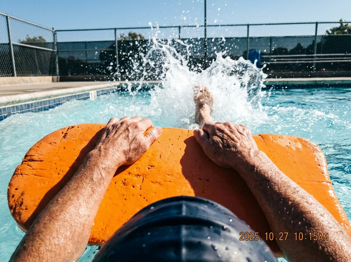 An orange kickboard floating on the water's surface with a senior's hands holding it during a workout.