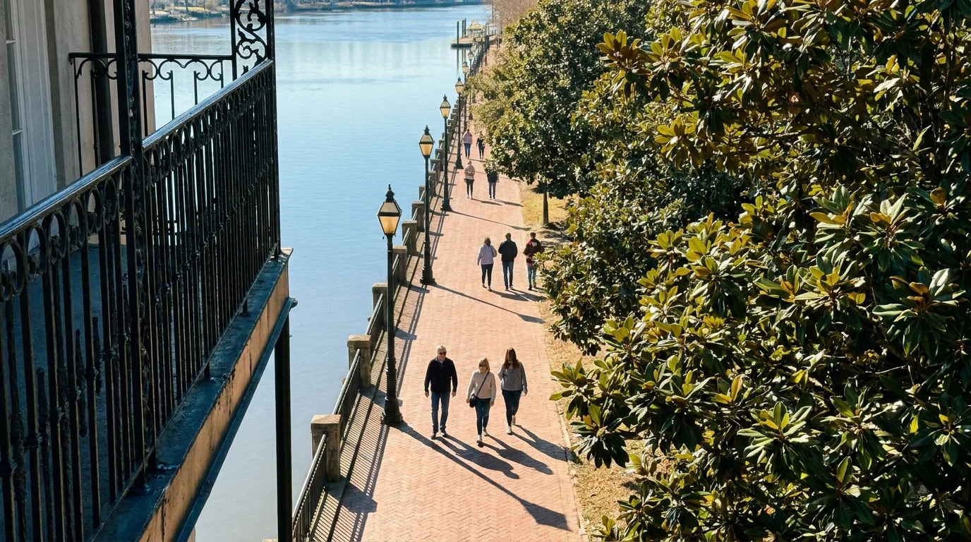 An overhead view of the peaceful, tree-lined Savannah Riverwalk in Augusta, Georgia.