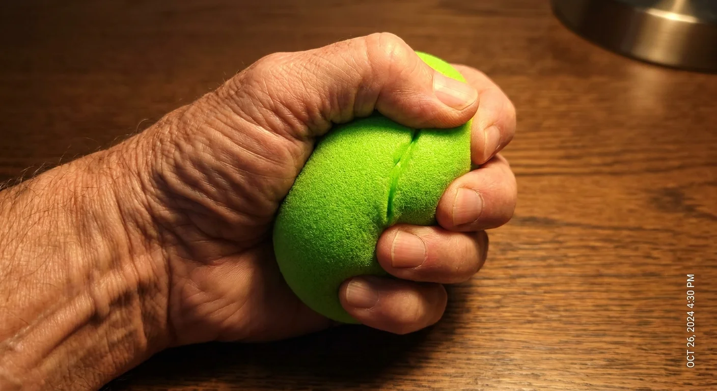 Close-up of a hand squeezing a bright green foam stress ball on a wooden table.
