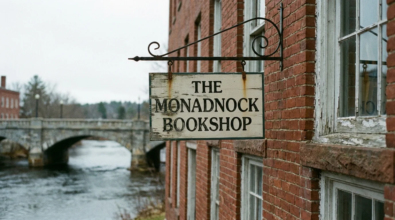 Close-up of a historic red brick building and a wooden bookstore sign in Peterborough, New Hampshire.