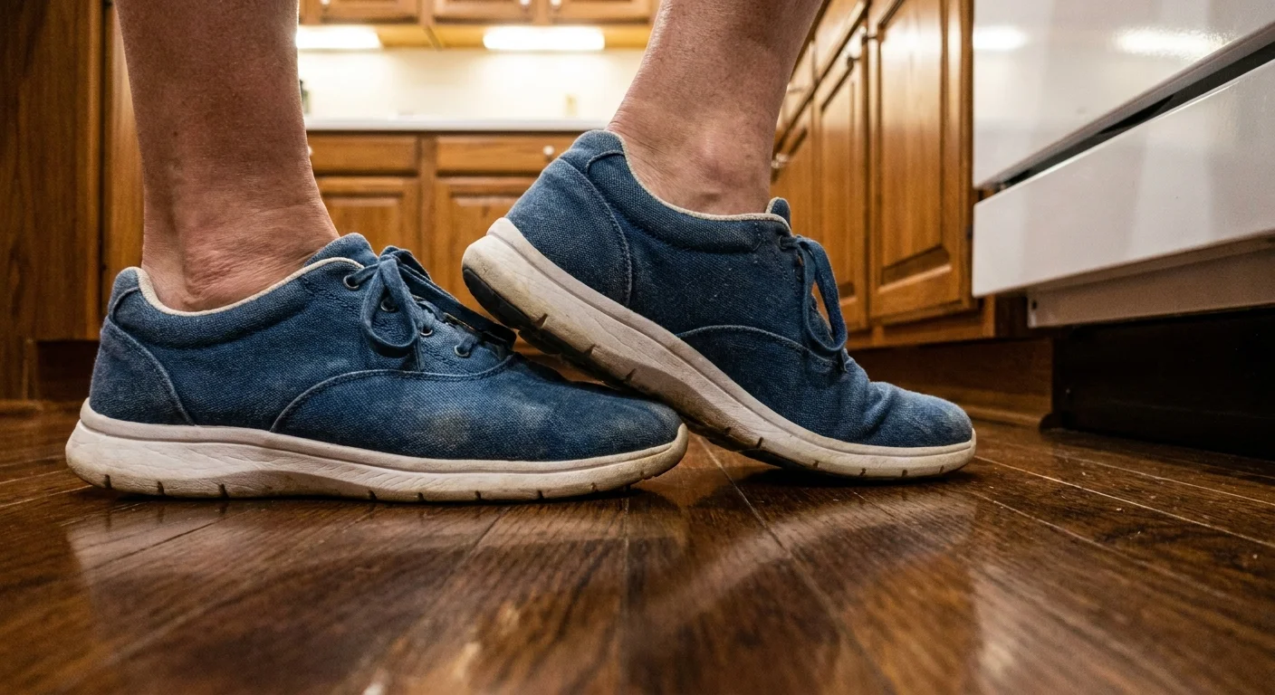 Close-up of a person's feet performing a heel-to-toe walk next to a kitchen counter.