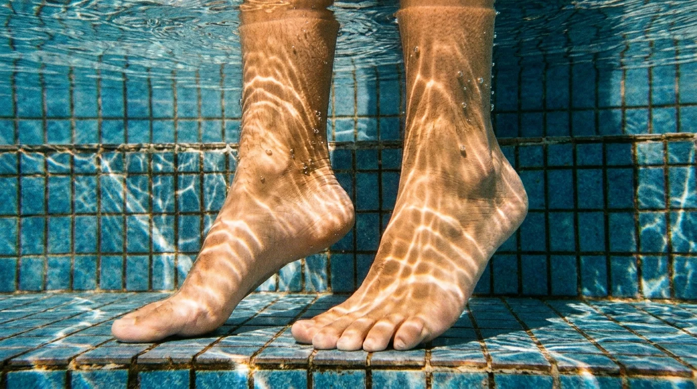 Close-up of a person's feet performing calf raises on the tiled floor of a swimming pool.