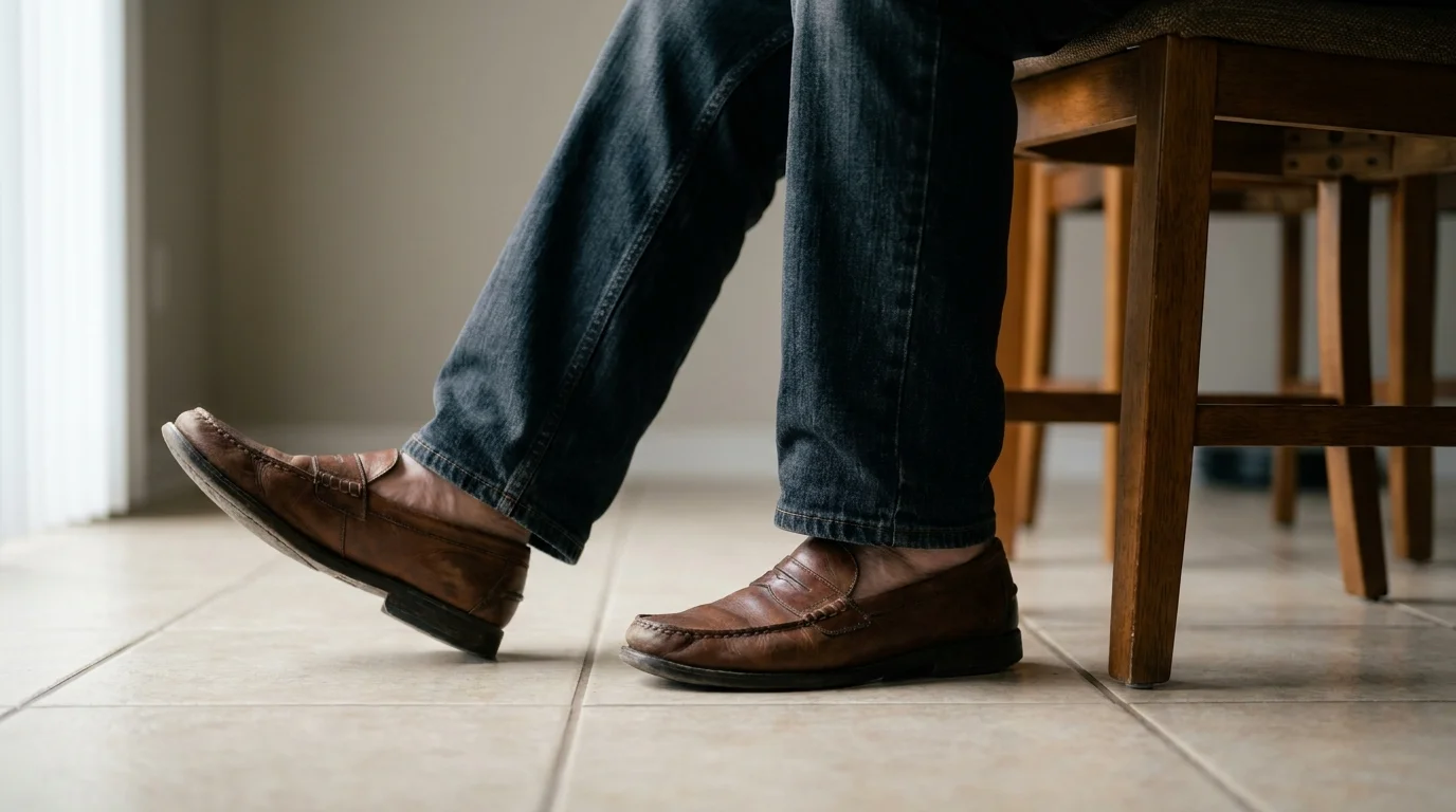 Close-up of a person's feet performing seated toe taps on a tiled floor.