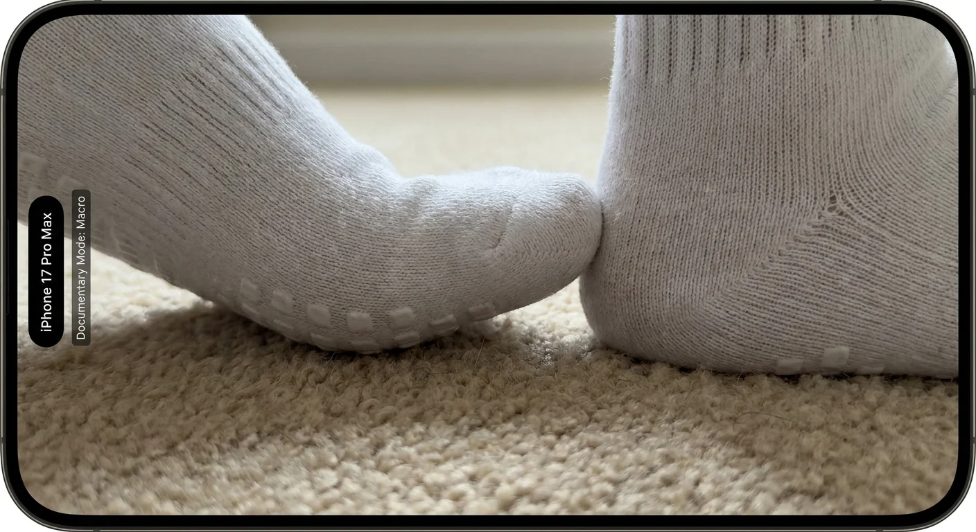 Close-up of a person's feet positioned heel-to-toe on a carpeted floor for a balance test.
