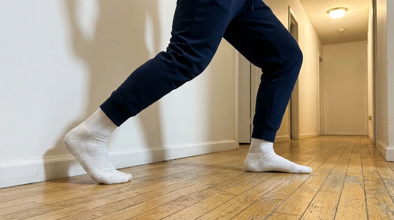 Close-up of a person's legs performing a calf stretch against a wall in a home hallway.