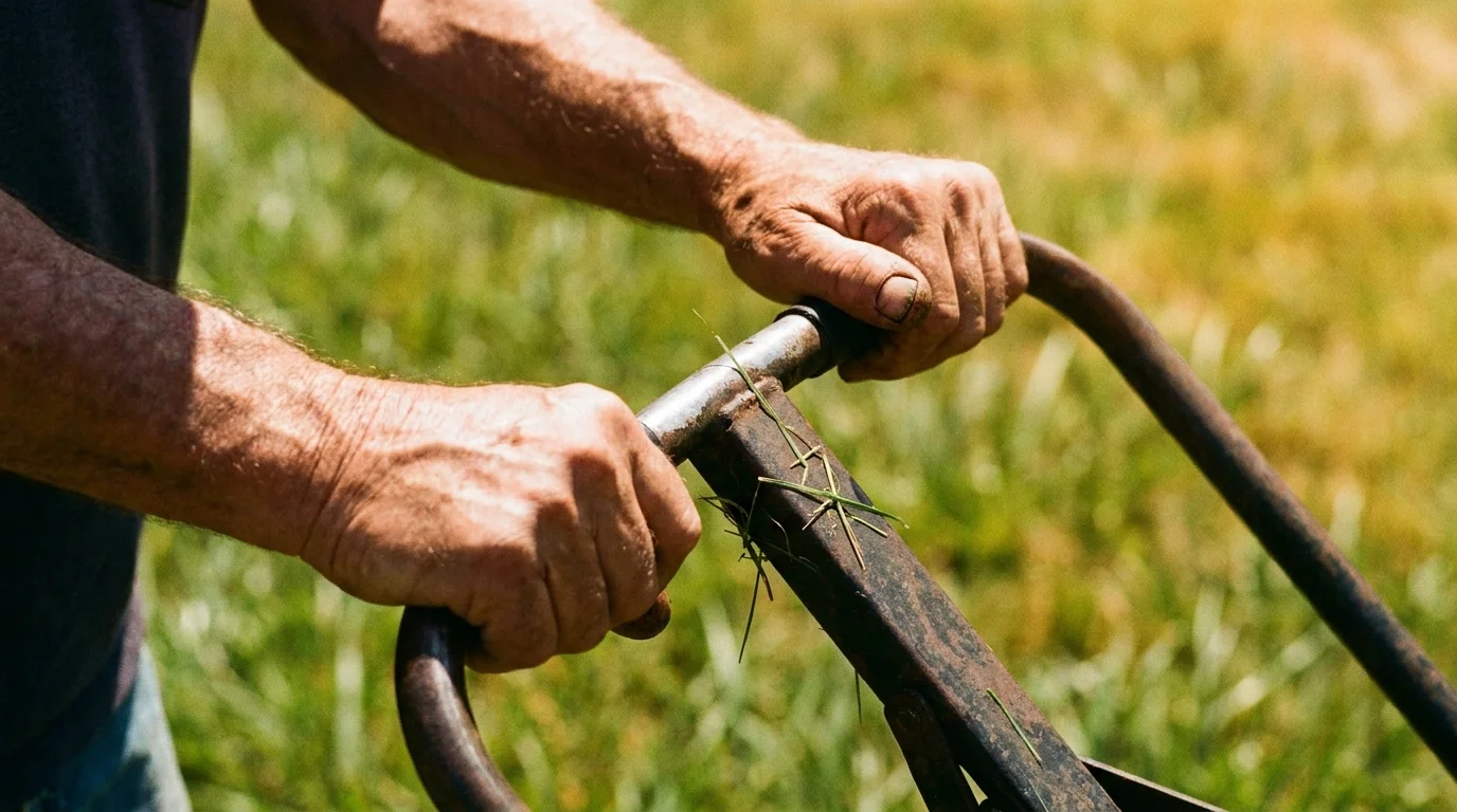 Close-up of a senior's hands and forearms pushing a lawnmower through green grass.