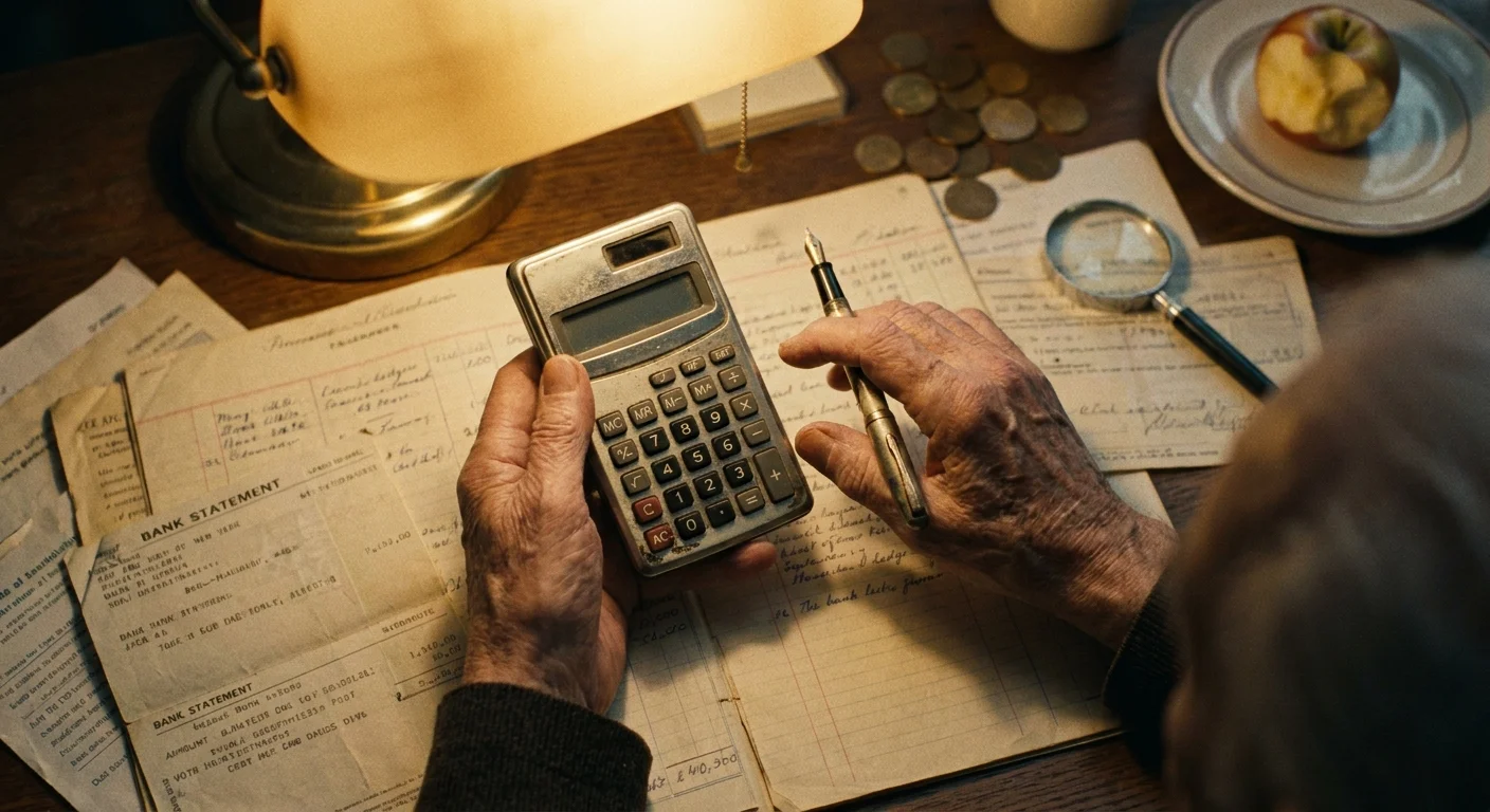 Close-up of a senior's hands calculating RMDs on paper documents at a desk.