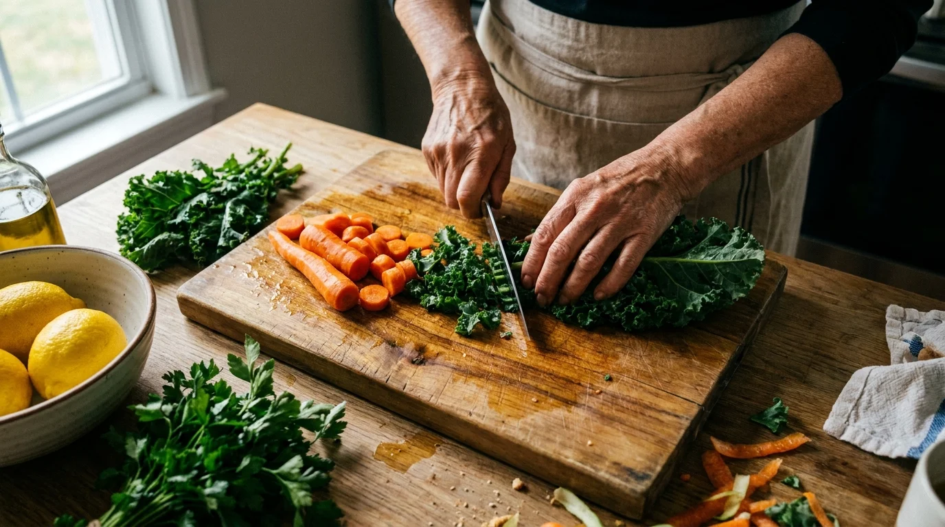 Close-up of a senior's hands chopping fresh vegetables on a wooden cutting board in a kitchen.
