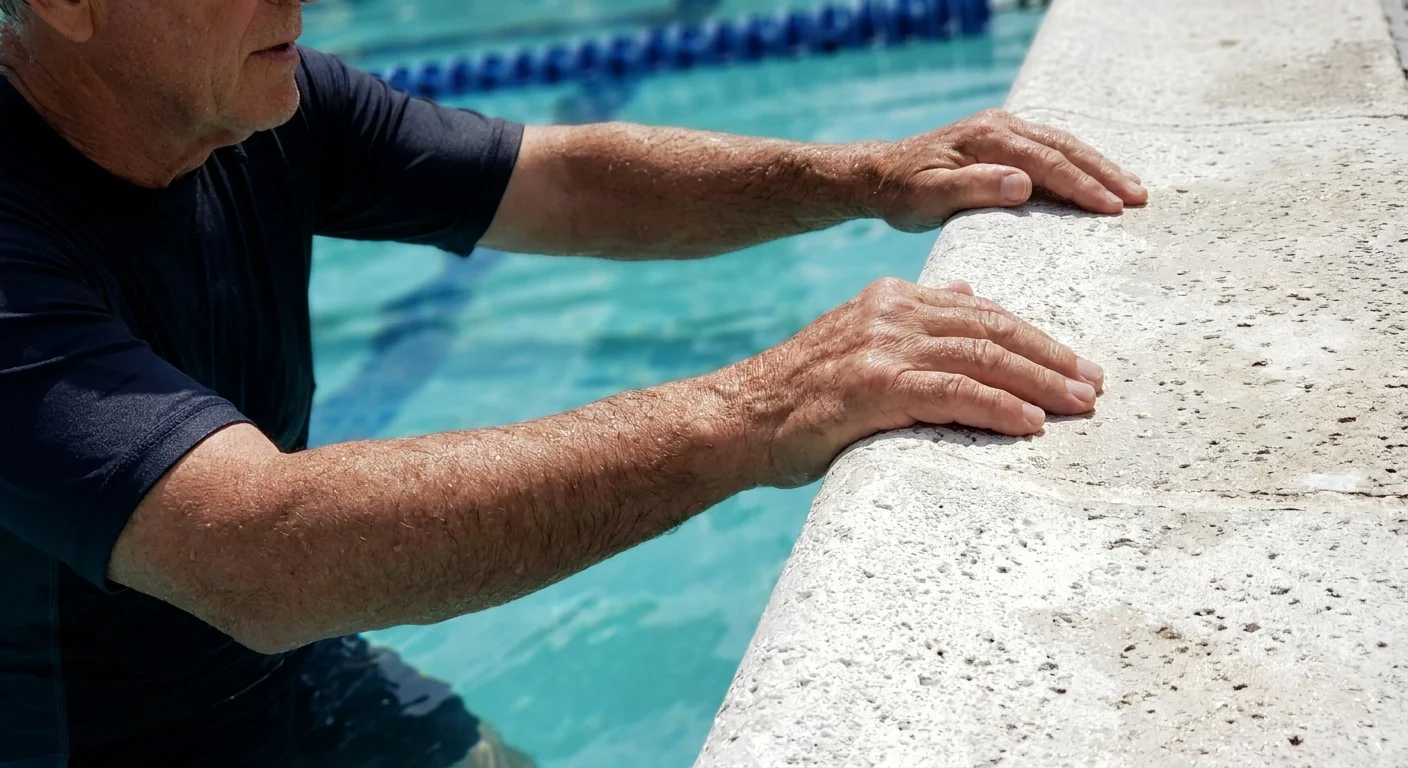 Close-up of a senior's hands pushing against the edge of a pool to perform a standing push-up.