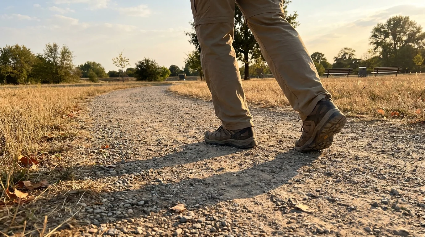 Close-up of an older man's feet as he navigates a winding gravel path during a sunset walk.
