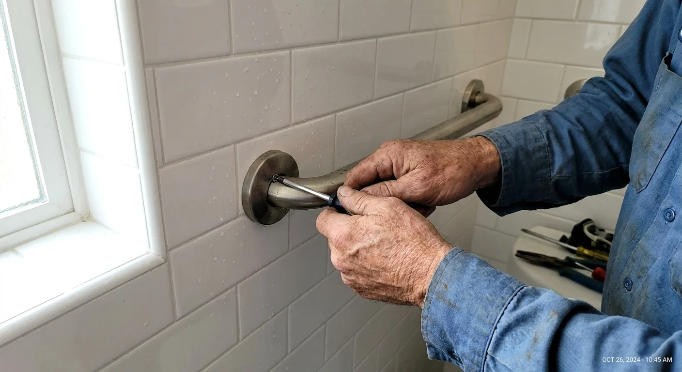 Close-up of hands installing a metal grab bar on a bathroom wall for safety.
