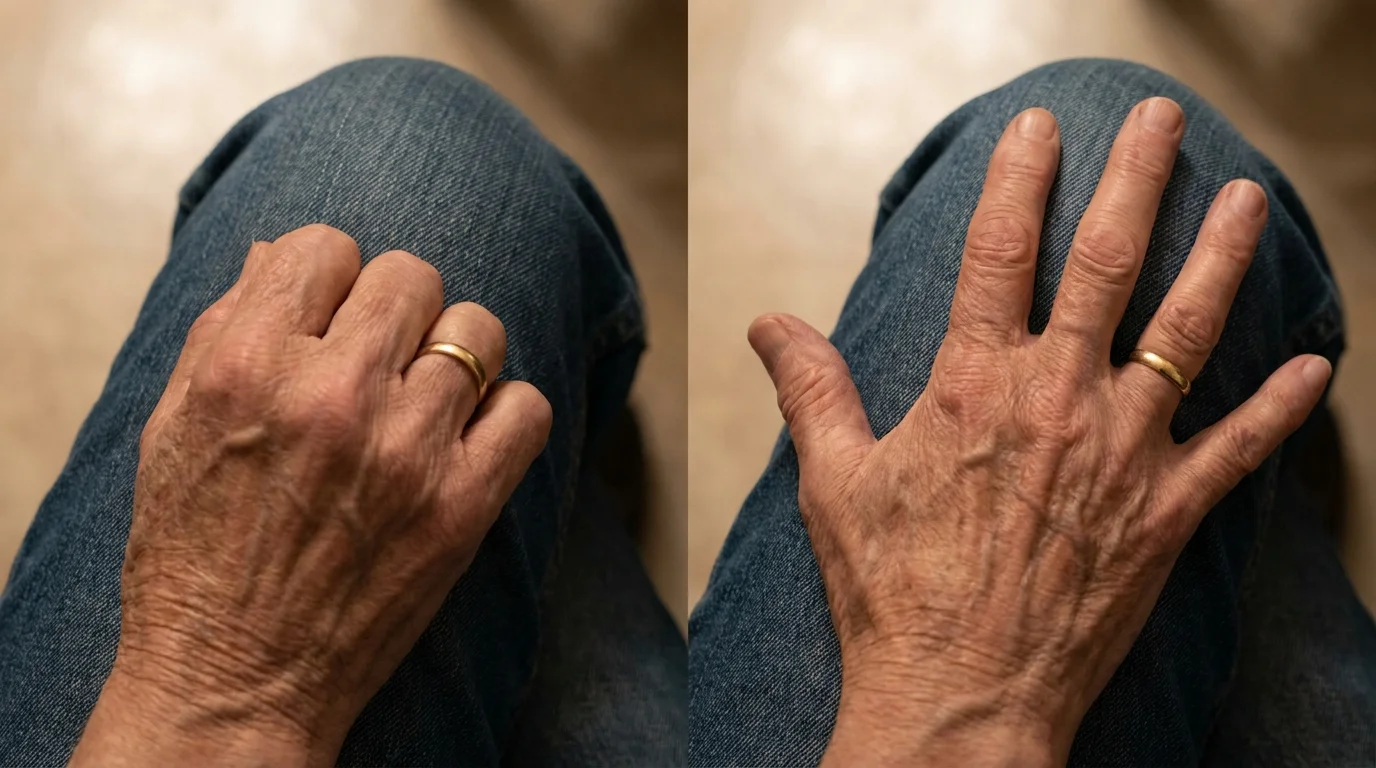 Close-up photo of a hand performing a soft fist squeeze and then extending the fingers wide against a denim background.