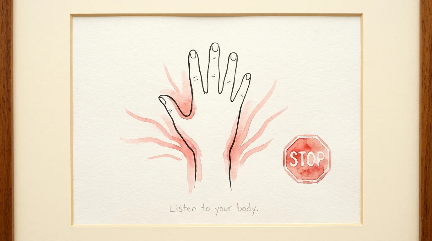 Conceptual illustration of a hand with red watercolor accents indicating areas of potential strain or pain.