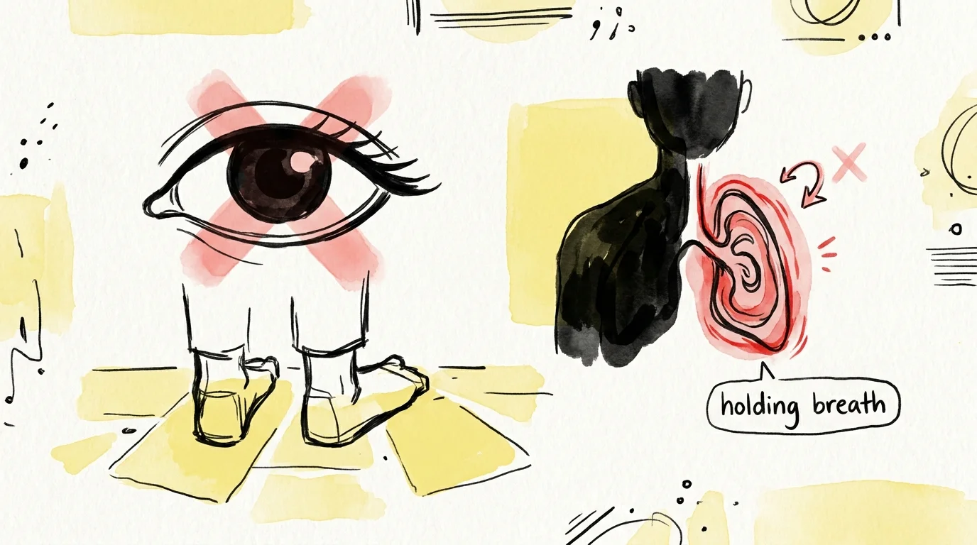 Conceptual illustration showing common mistakes like looking at feet or holding breath during exercise.