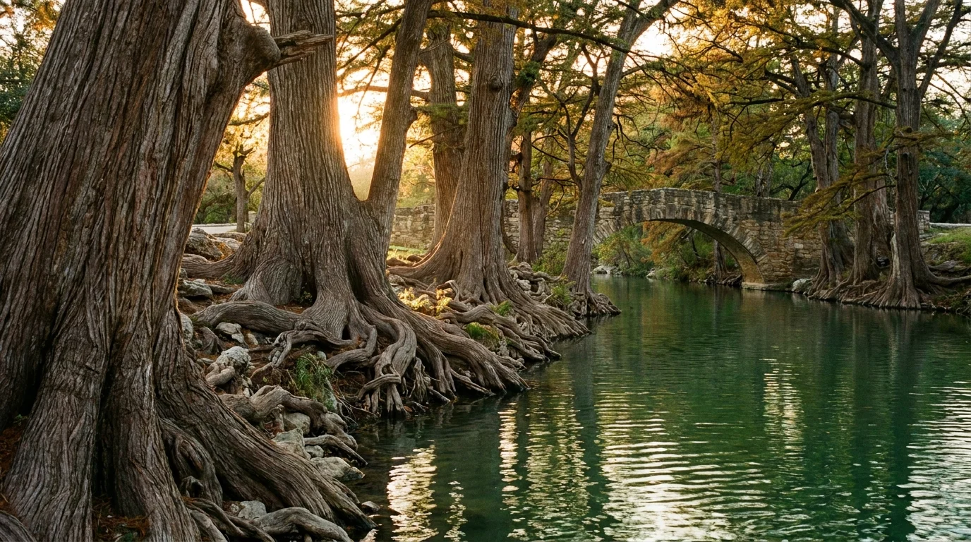 Golden sunset light filtering through cypress trees along the Cibolo Creek in Boerne, Texas.