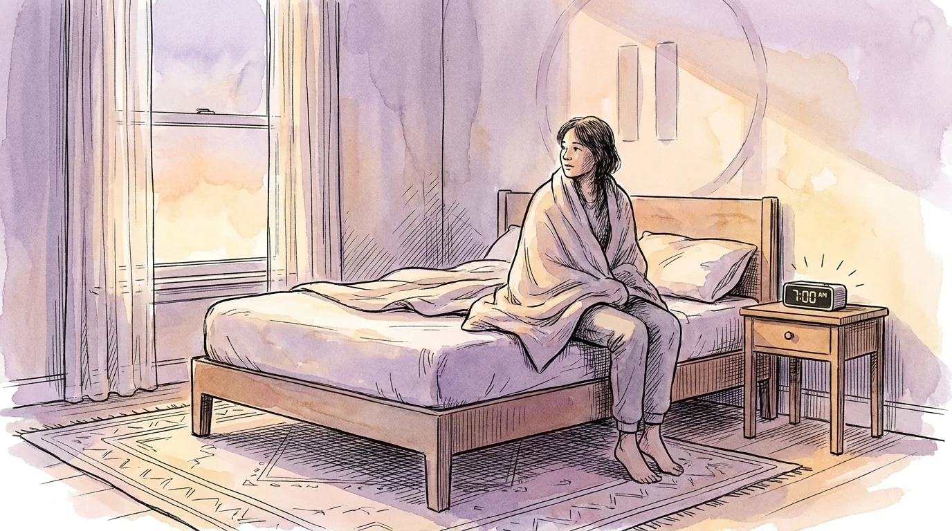 Illustration of a person sitting on the edge of a bed, pausing before standing up.