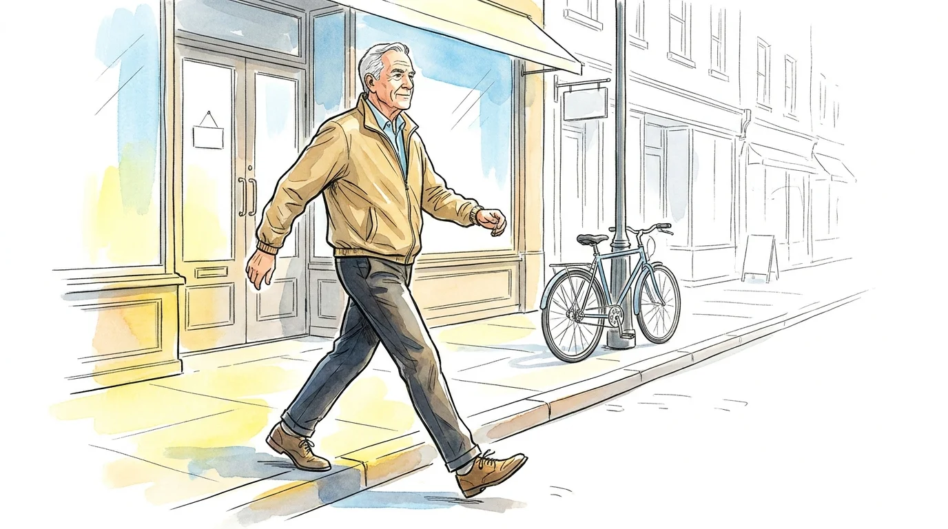 Illustration of a senior man stepping off a curb with ease, showing the importance of hip mobility.