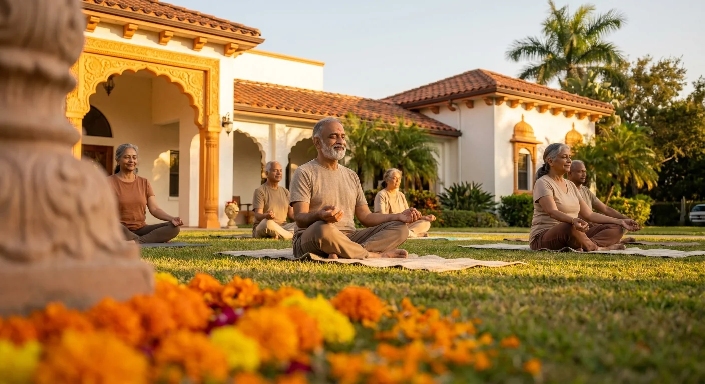 Indian-American retirees practice yoga in front of a saffron-colored community center with Indian architectural details.
