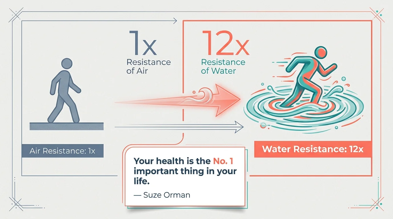 Infographic comparing 1x air resistance to 12x water resistance, featuring a quote from Suze Orman about the value of health.
