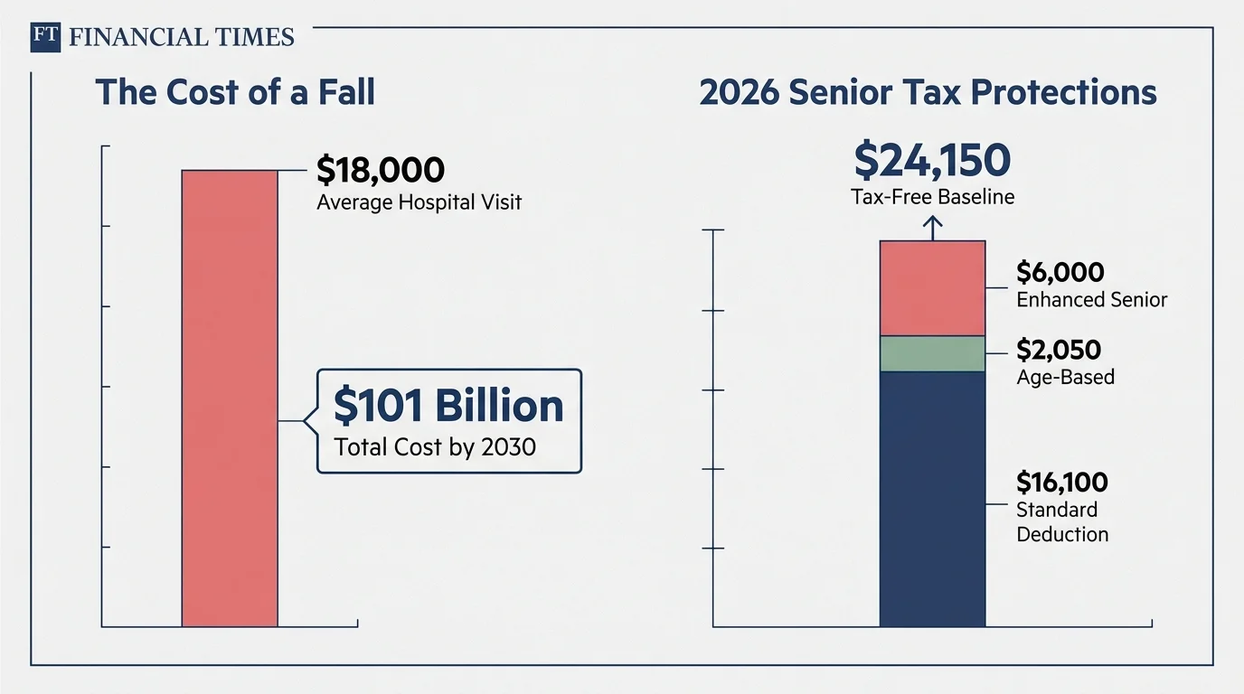 Infographic comparing the $18,000 cost of a hospital visit to the $24,150 total tax deductions available to seniors in 2026.