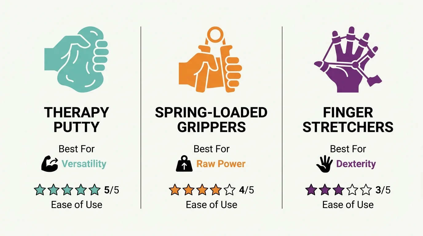 Infographic comparing therapy putty, spring grippers, and finger stretchers for senior hand health.