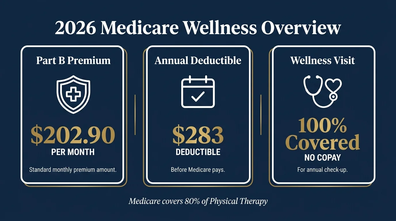 Infographic showing 2026 Medicare costs: $202.90 premium, $283 deductible, and free wellness visits.