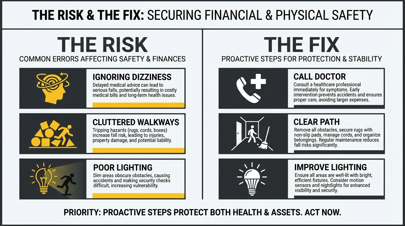 Infographic showing common fall-risk errors and their simple, safe solutions.