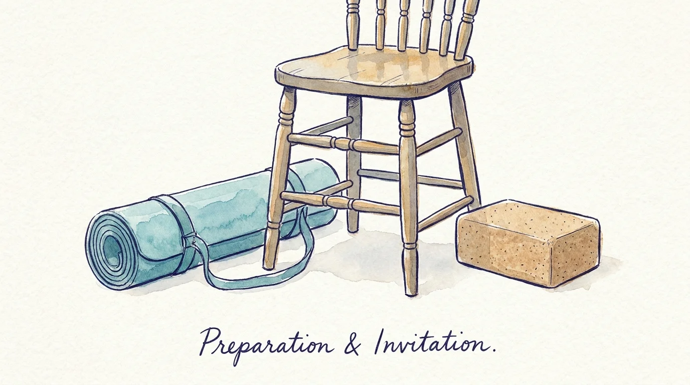 Ink and watercolor drawing of a yoga mat, a sturdy chair, and a block, representing tools for senior yoga.