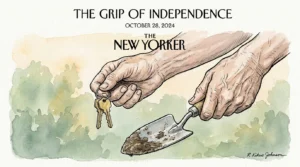 Ink and watercolor illustration of a senior's hands holding house keys and a garden tool, symbolizing independence and strength.