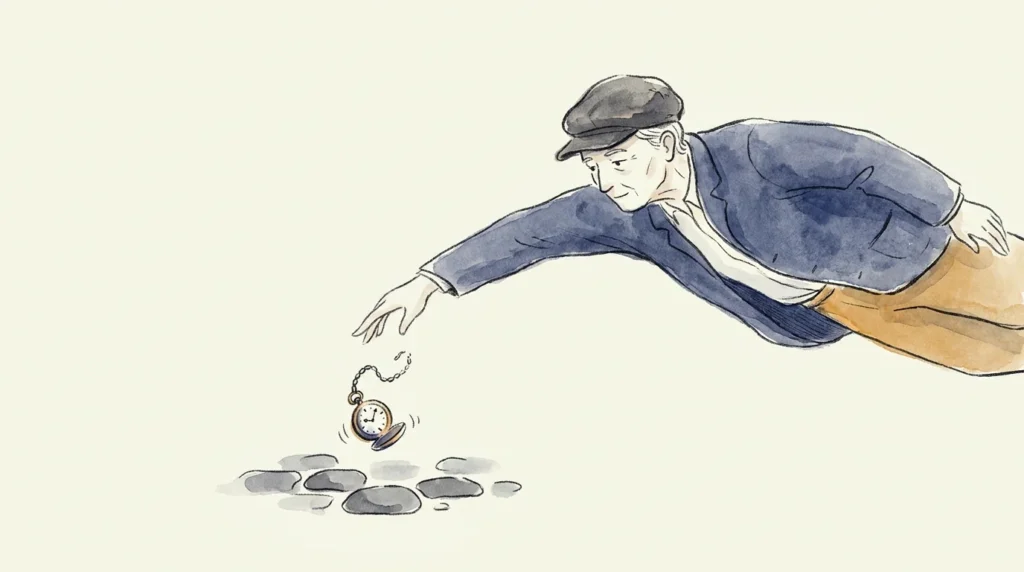 Ink and watercolor illustration of an older adult gracefully catching a falling pocket watch just before it hits the ground.